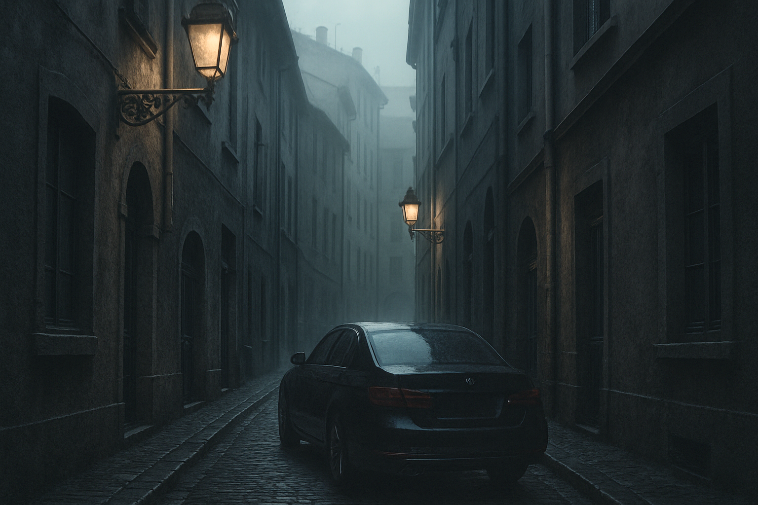 Eastern European alley, black car in the fog at dusk